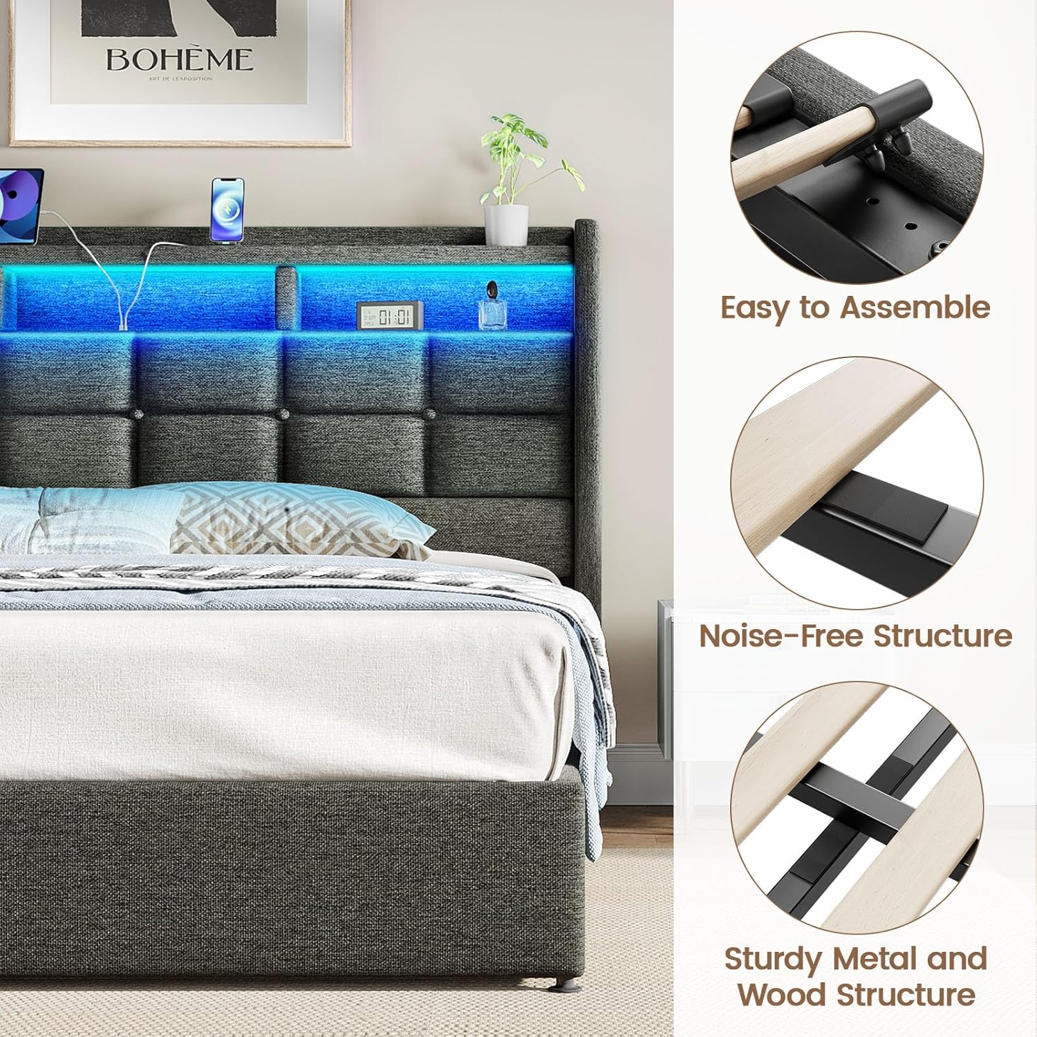 Lift Up Full Size Bed Frame with Storage, Upholstered Full Bed Frame with LED Lights Headboard and Charging Station, No Box Spring Needed, Easy Assembly - Dark Grey