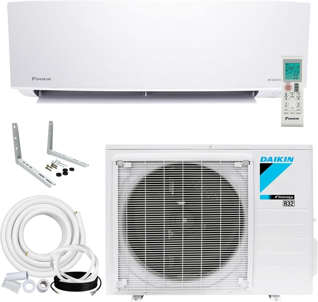 Daikin 12,000 BTU 18 SEER2 Entra R32 Series Ductless Mini Split Heat Pump System w/Maxwell All-Inclusive 15' Installation Kit and Wall Mounting Bracket (230V), White, RXC12+FTXC12+IKM1438+WAFP24