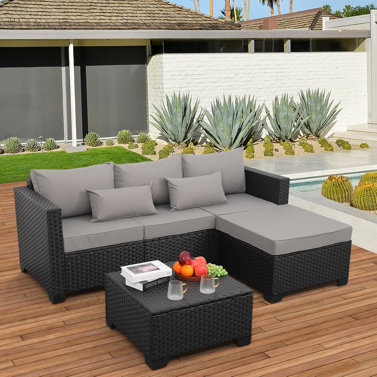 3 Pieces Patio Furniture Set Outdoor Sectional Wicker Patio Furniture Patio Couch with Ottoman and Outdoor Storage Table All-Weather Anti-Slip Cushions Waterproof Covers  Light Grey