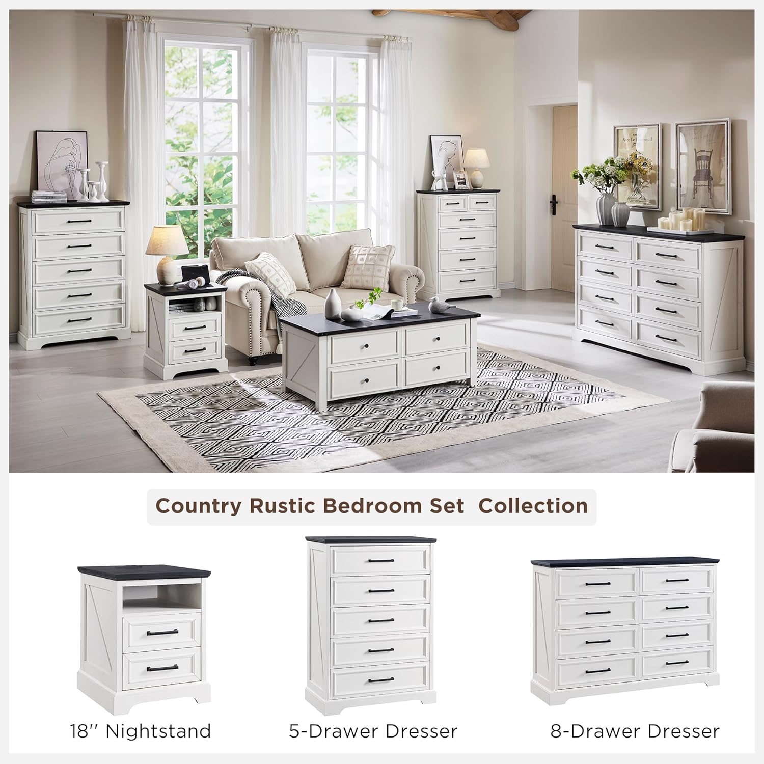 ACCOHOHO 18" Farmhouse Nightstand Set of 2 with Charging Station,End Table with 2 Drawers Storage,Side Table,Bedside Cabinet for Bedroom,Living Room, Withe