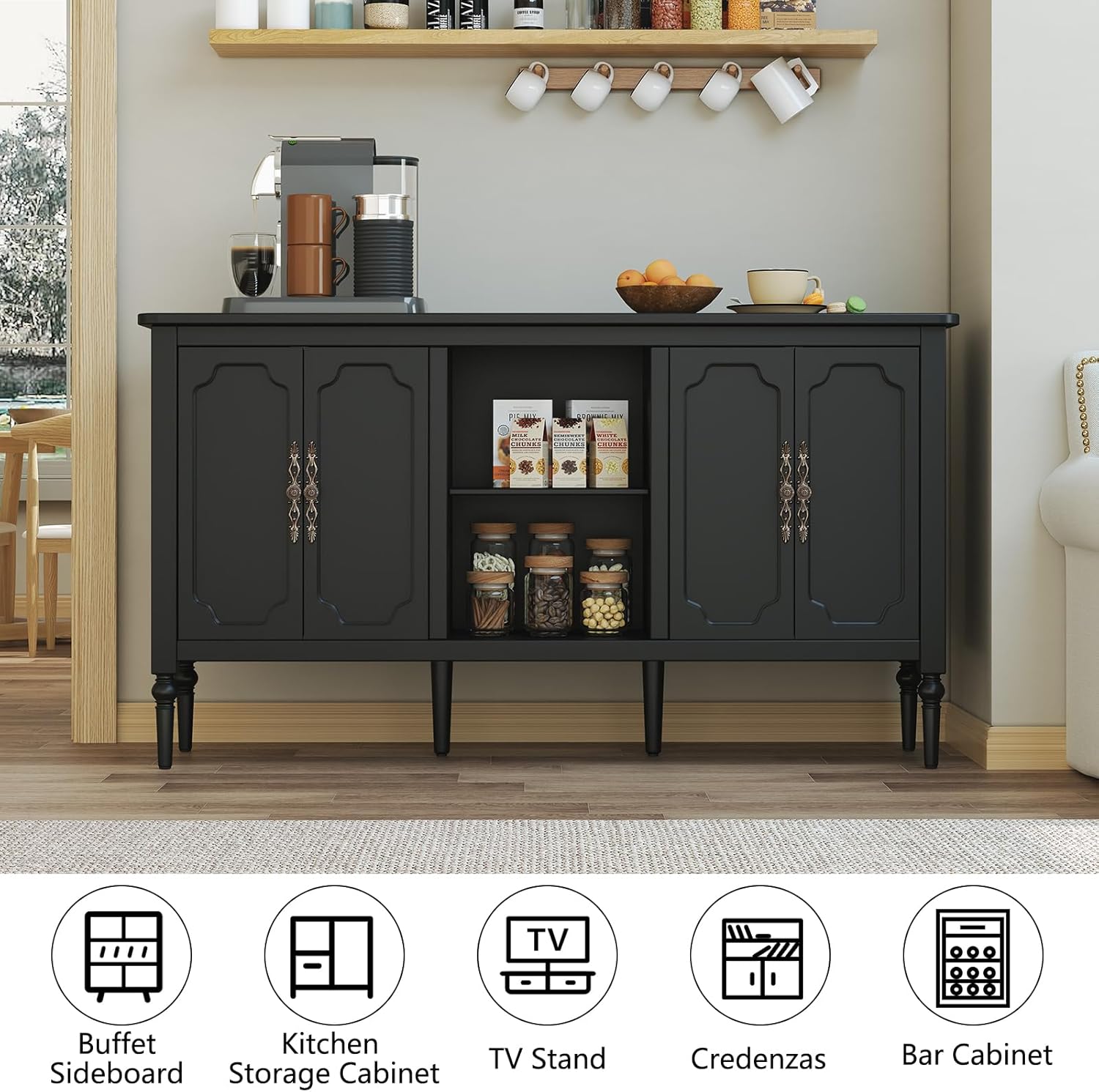 Vintage Buffet Sideboard Cabinet with 4 Doors, 59" Mid Century Modern Storage Cabinet with Shelf, Decorative Accent Credenza TV Stand (Black)