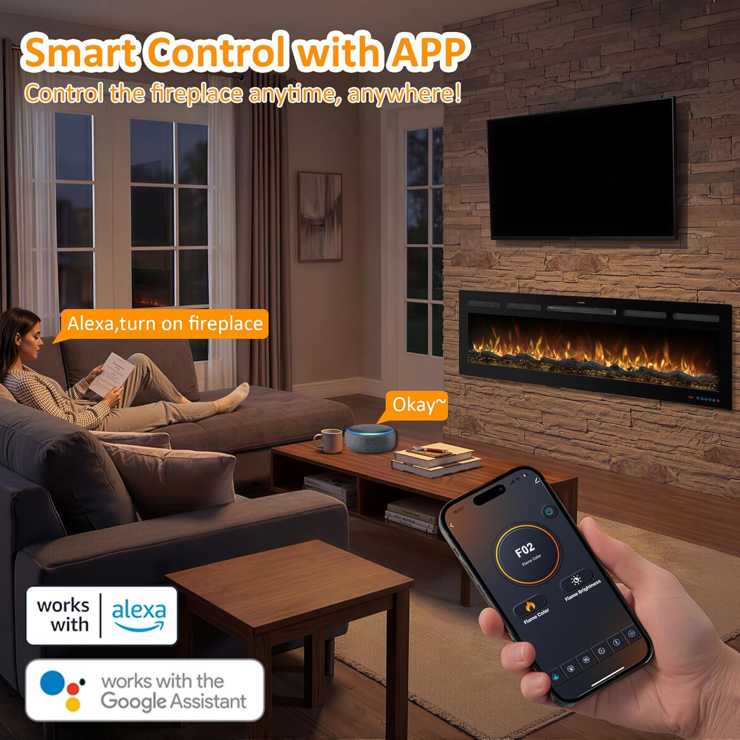 50 Inch WiFi Electric Fireplace Heater with Sound, Wall Mounted, Recessed or Free‑Standing, 750/1500W, 13 Flame & Fuel Bed Colors, Dimmable, Remote & App Control, Alexa & Google Home