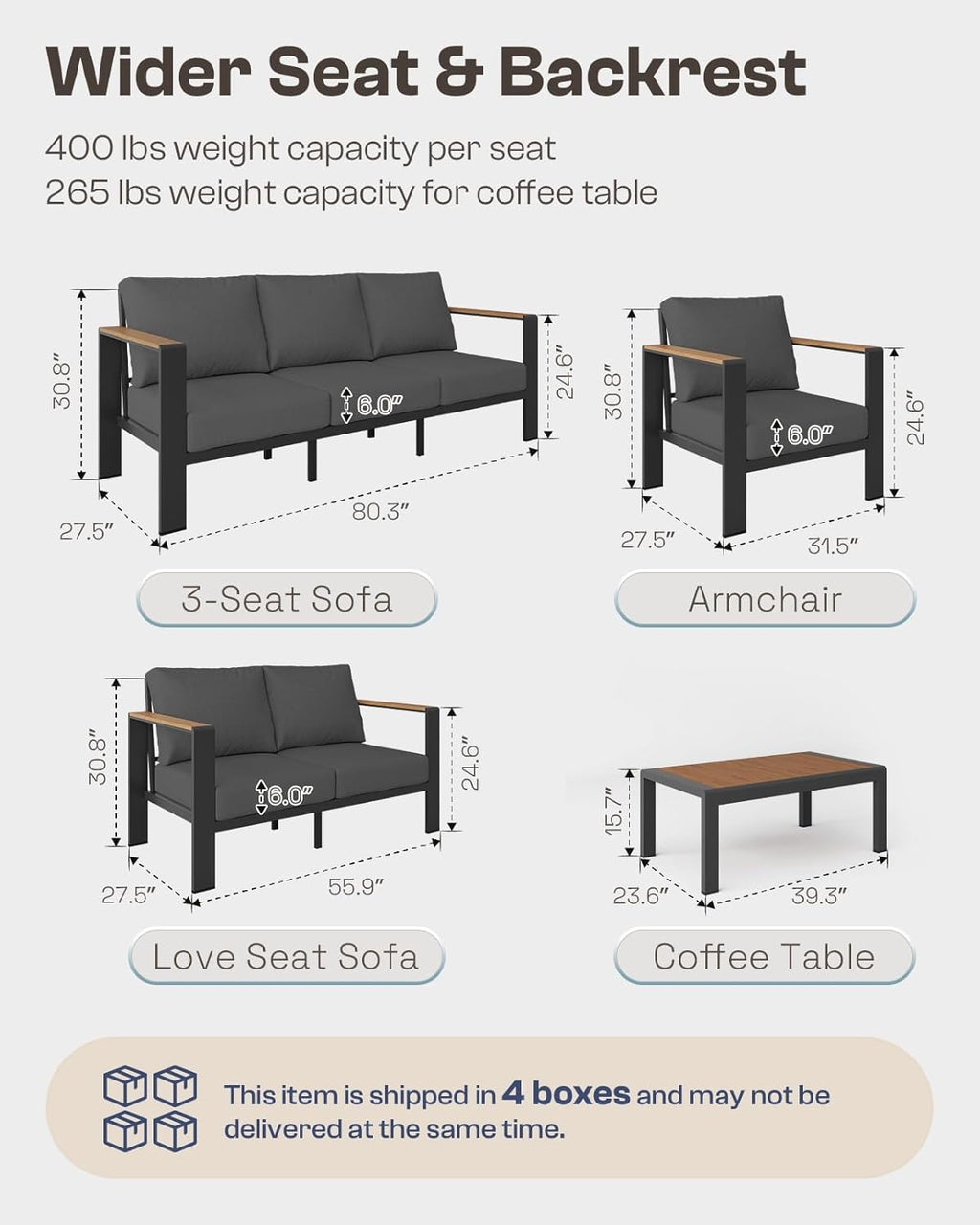 Aluminum Outdoor Patio Furniture Set with Coffee Table  5 Piece Patio Conversation Sets with Washable Thick Cushions  Outdoor Sectional Furniture Set for Porch  Balcony  Deck  Yard  Graphite