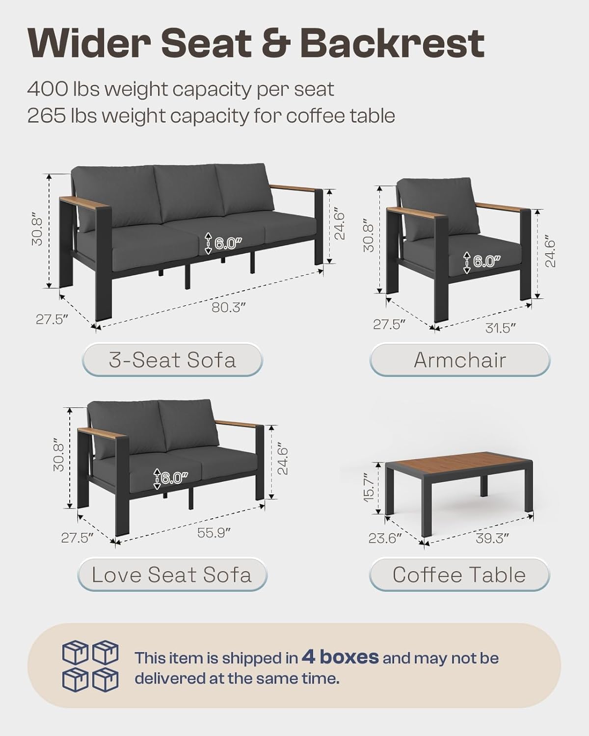 Aluminum Outdoor Patio Furniture Set with Coffee Table  5 Piece Patio Conversation Sets with Washable Thick Cushions  Outdoor Sectional Furniture Set for Porch  Balcony  Deck  Yard  Graphite
