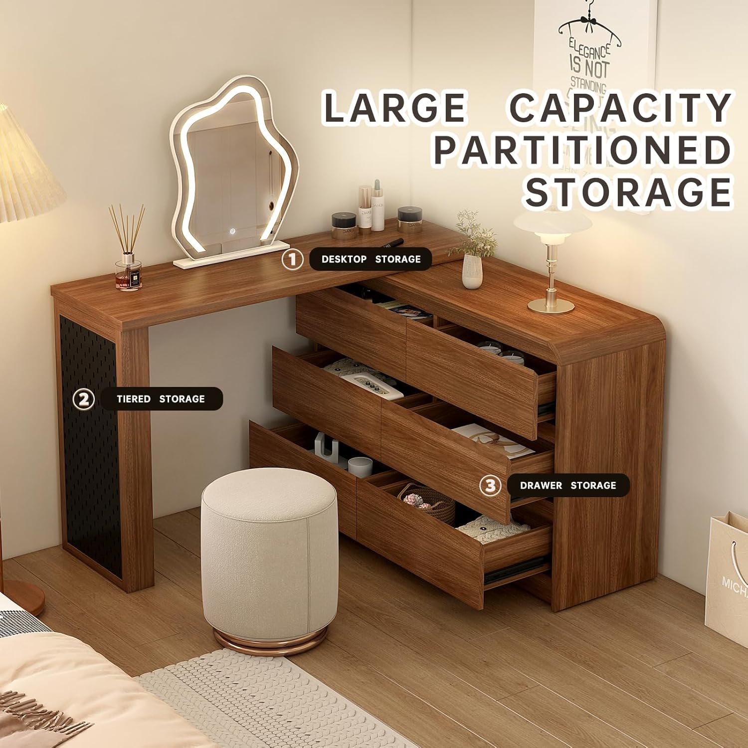 Vanity Desk with Mirror and Lights, Vintage 6 Drawer Makeup Dresser Desk Combo for Women with 50-90 in Adjustable Sturdy L-Shape Makeup Table, Vanity Dresser Combo for Bedroom, Without Stool, Walnut
