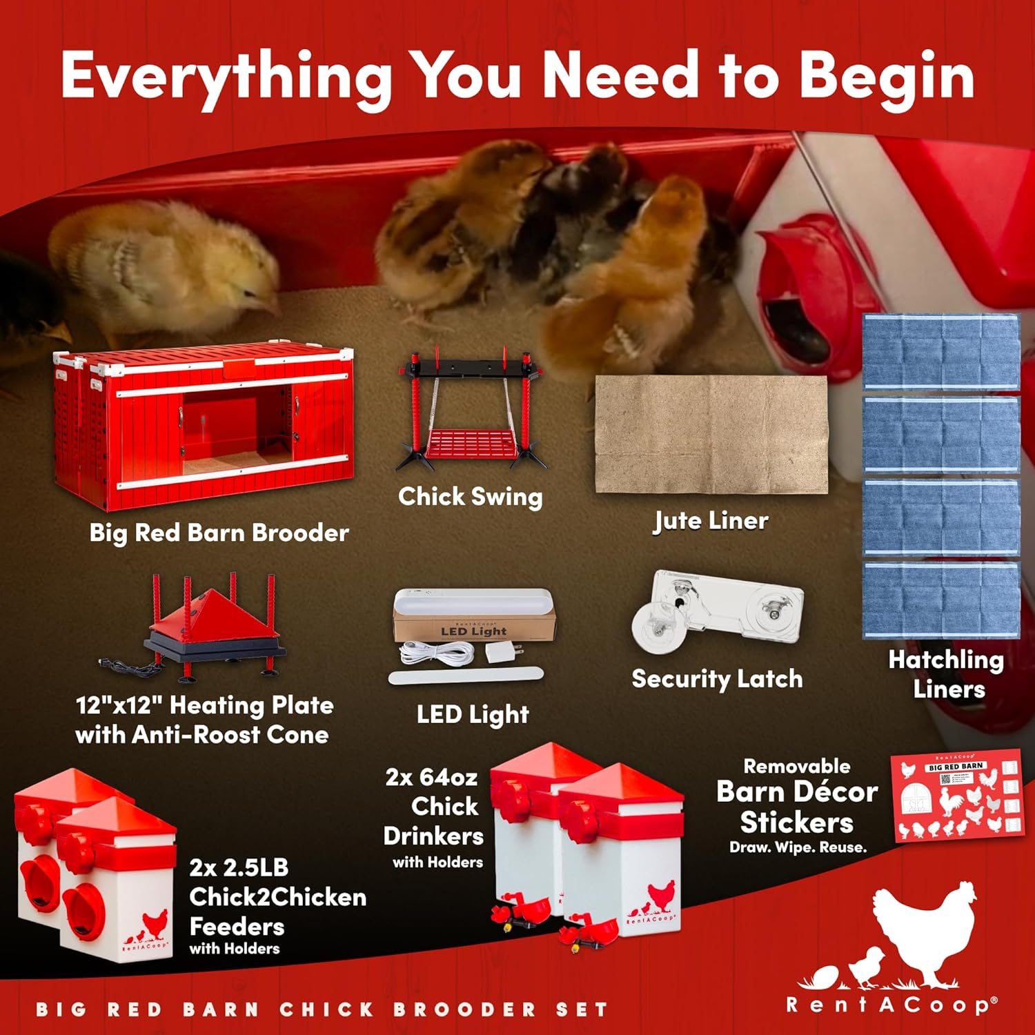 RentACoop Big Red Barn Chick Brooder Set | Durable  Lightweight  Easy-Clean  Multipurpose | with Heating Plate  Feeder  Waterer  Absorbent Hatchling Liners  Jute Liners  LED Light  Security Latch
