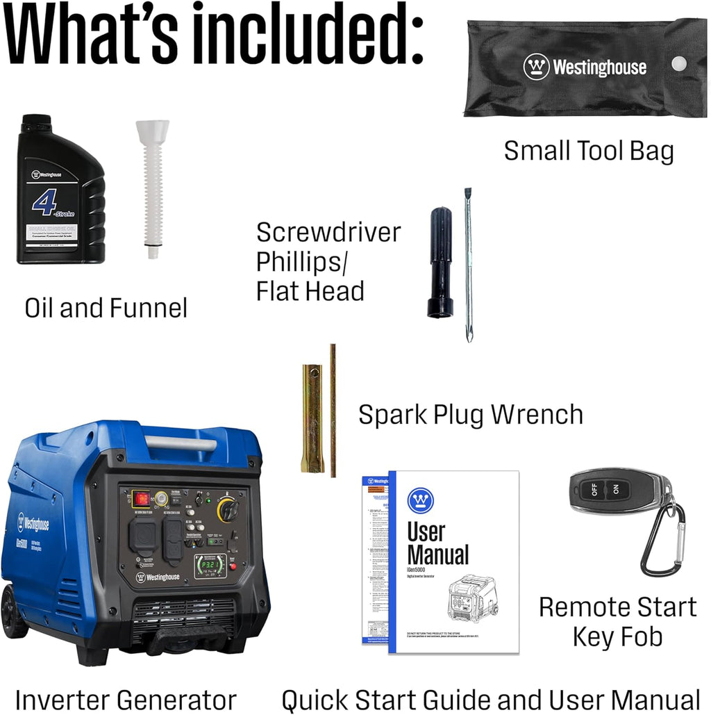 Westinghouse 5000 Peak Watt Super Quiet Portable Inverter Generator  Remote Electric Start with Auto Choke  Wheel & Handle Kit  RV Ready  Gas Powered  Parallel Capable