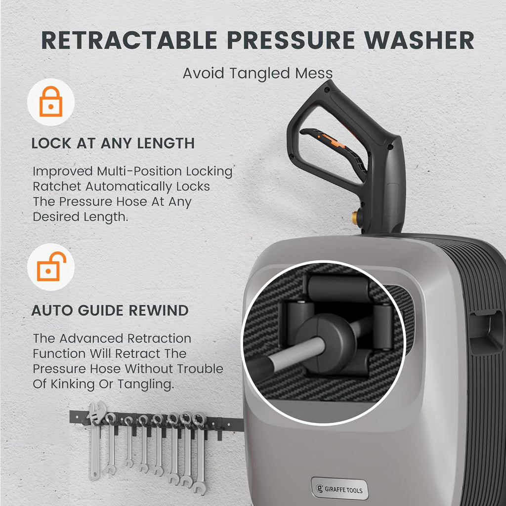 Giraffe Tools Grandfalls Retractable Pressure Washer G20  2500 PSI 2.2 GPM  Wall Mounted with 65FT Hose Reel  4 Nozzles for Floor/Cars/Fences/Patios  Light Silver Case with Grey Pressure Hoses