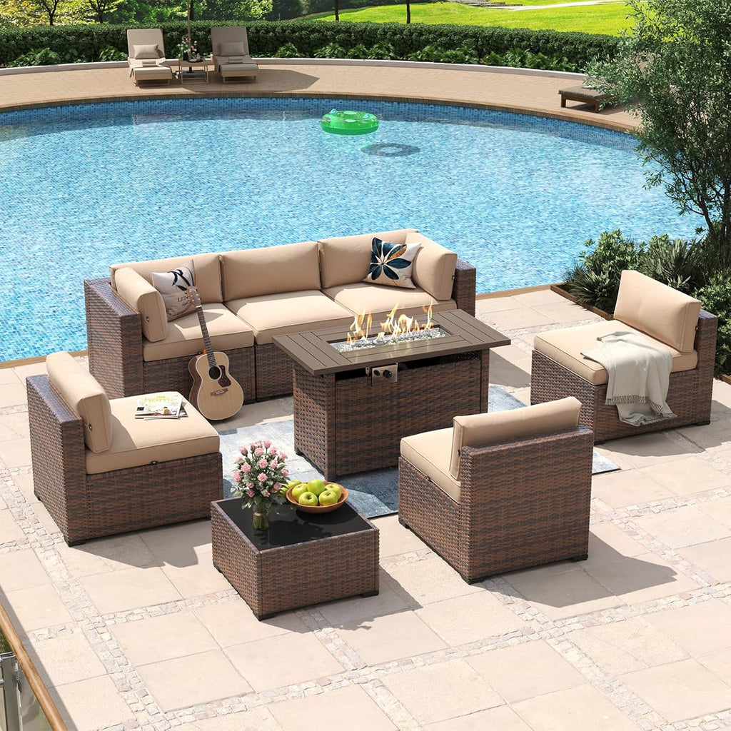 Aoxun 8 Piece Patio Furniture Set with 44” Fire Pit Table Wicker Rattan Outdoor Sectional Sofa Set with Coffee Table and Thickened Cushions  Beige (Waterproof Cover Included)