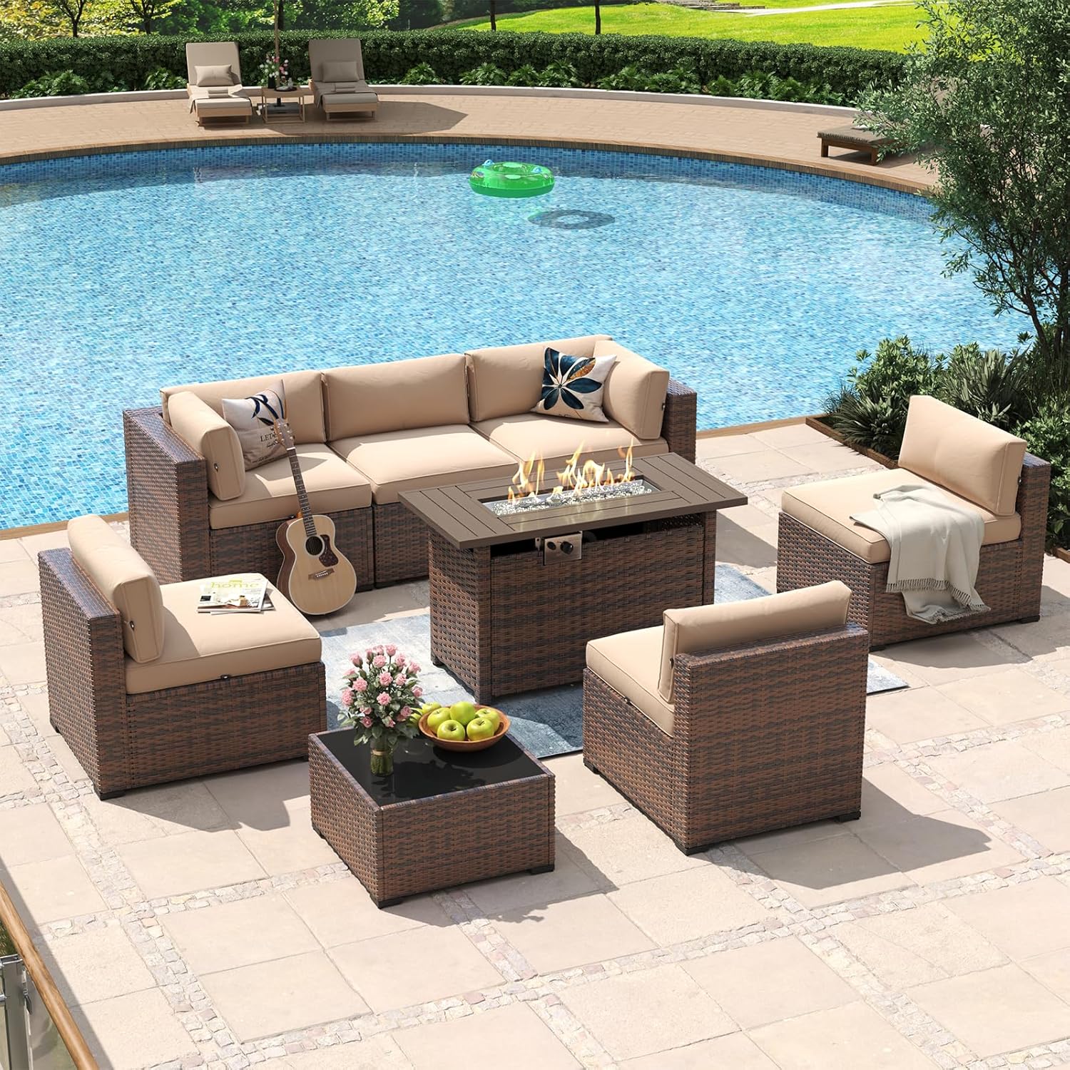 Aoxun 8 Piece Patio Furniture Set with 44” Fire Pit Table Wicker Rattan Outdoor Sectional Sofa Set with Coffee Table and Thickened Cushions  Beige (Waterproof Cover Included)