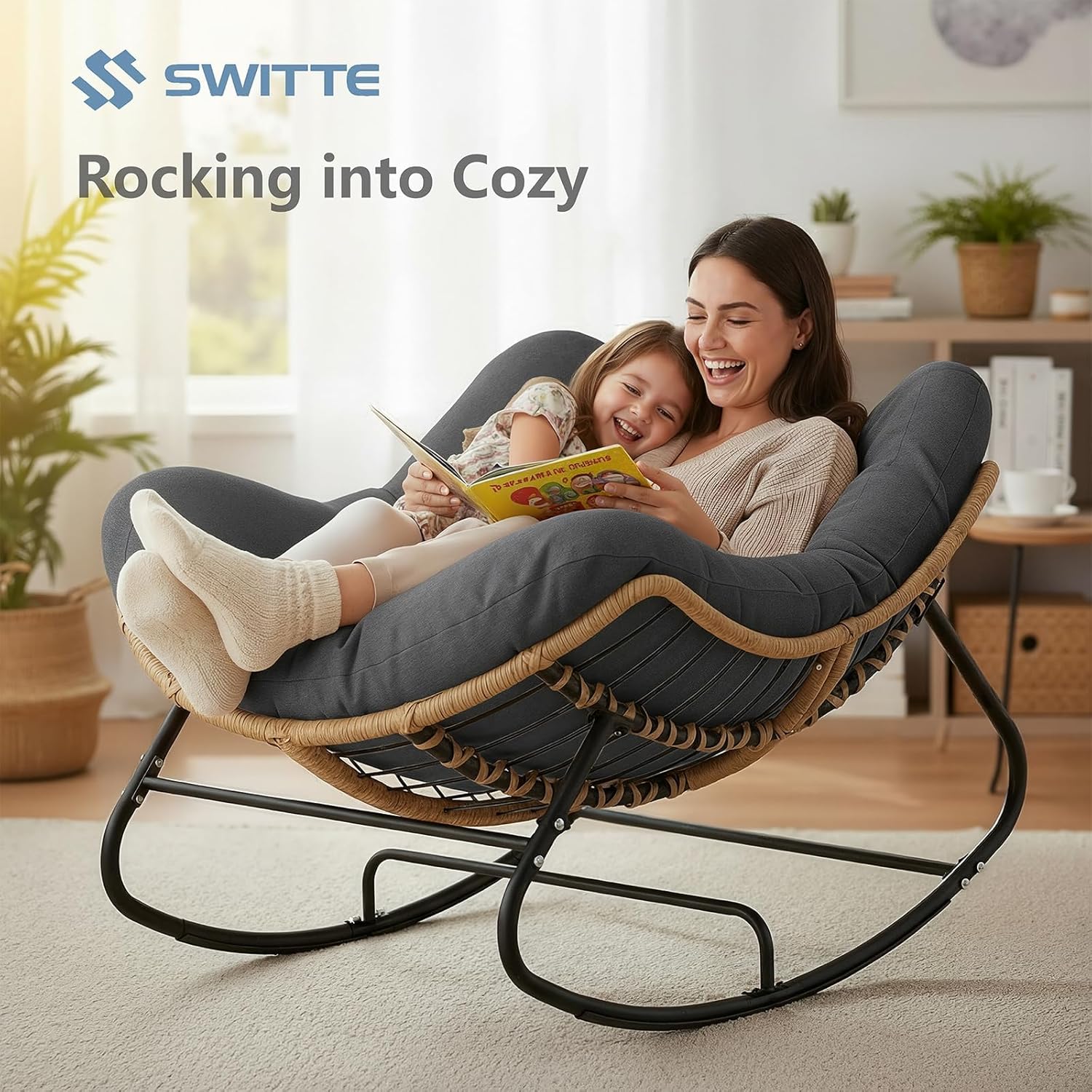 SWITTE Outdoor Rocking Chair  Oversized Patio Papasan Rocker  Comfy Wicker Reading Lounge  Indoor Egg Chair for Bedroom  Living Room  Porch  Garden  Lawn-Dark Grey