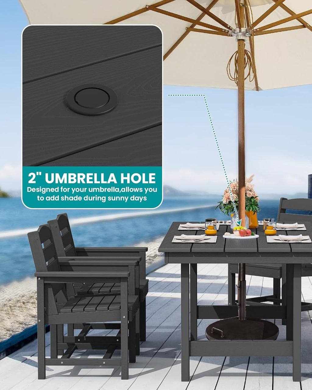 SERWALL 7-Piece Patio Dining Table Sets  Outdoor HDPE Dining Furniture Set with Umbrella Hole Cut-Out Table and 6 Chairs  Black