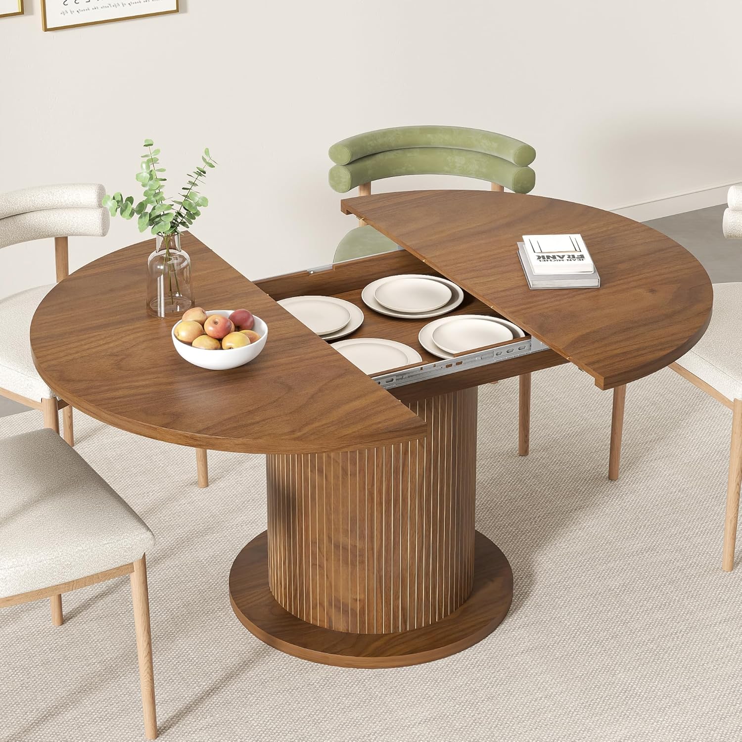 43.3 inch 59 inch Adjustable Size Round Dining Table for 4 6, Unique Design Modern Farmhouse Kitchen Table, Circle Dining Tables with Wood Strip Base for Kitchen Living Room (Walnut)