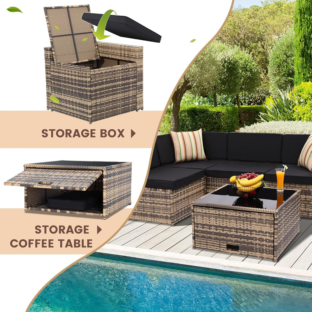 8-Piece Patio Furniture Set  Outdoor Wicker Rattan Sectional with Thick Cushions  Glass Top Table with Hidden Storage  Outdoor Conversation Set for Backyard  Porch  Patio  Black