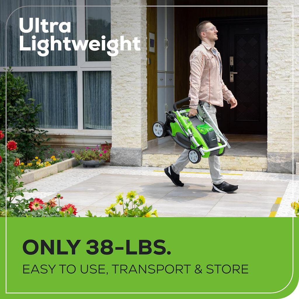 Greenworks 40V 16" Cordless Lawn Mower  Ultra-Light Push Mower with 4.0Ah Battery & Charger(75+ Tool Compatibility  45Min Runtime)