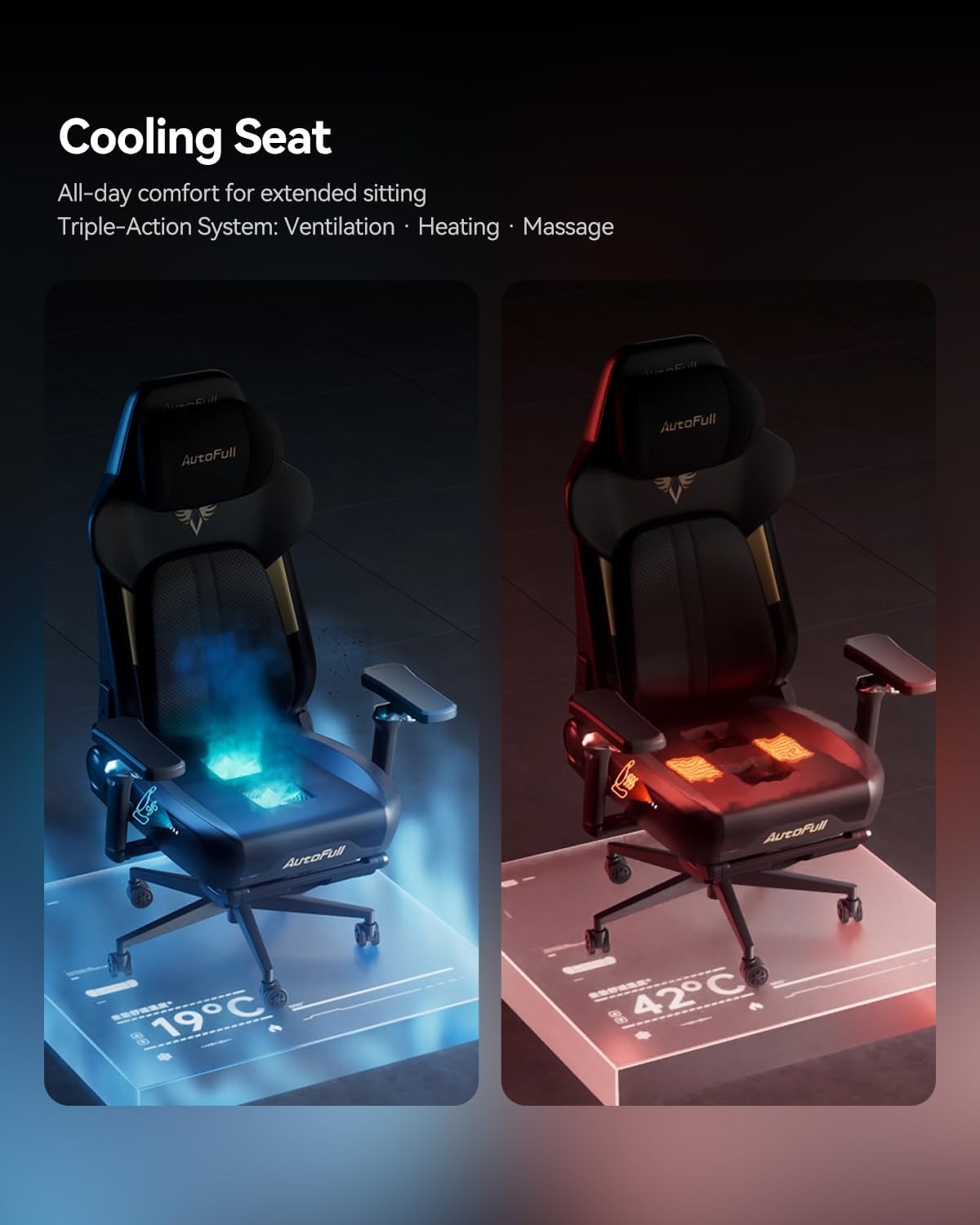 AutoFull M6 Ergonomic Gaming Chair – with 3rd-Gen Dynamic Lumbar Support, Lumbar & Leg Massage, Ventilated & Heated Seat, 360° Mechanical Armrests, Retractable Footrest (Black)