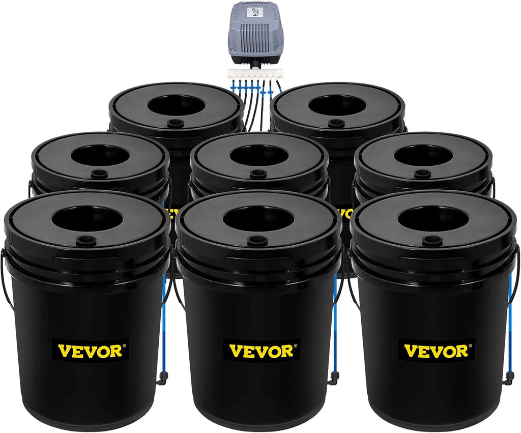 VEVOR DWC Hydroponic System  5 Gallon 8 Buckets  Deep Water Culture Growing Bucket  Hydroponics Grow Kit with Pump  Air Stone and Water Level Device  for Indoor/Outdoor Leafy Vegetables