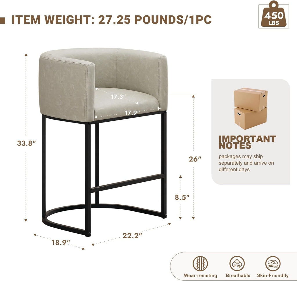 26" H Counter Height Bar Stools Set of 3, Modern Barrel Counter Stools with Backrest and Arms, Faux Leather Upholstered Accent Barstools for Kitchen Island,Support 450 LBS (Grayish White)