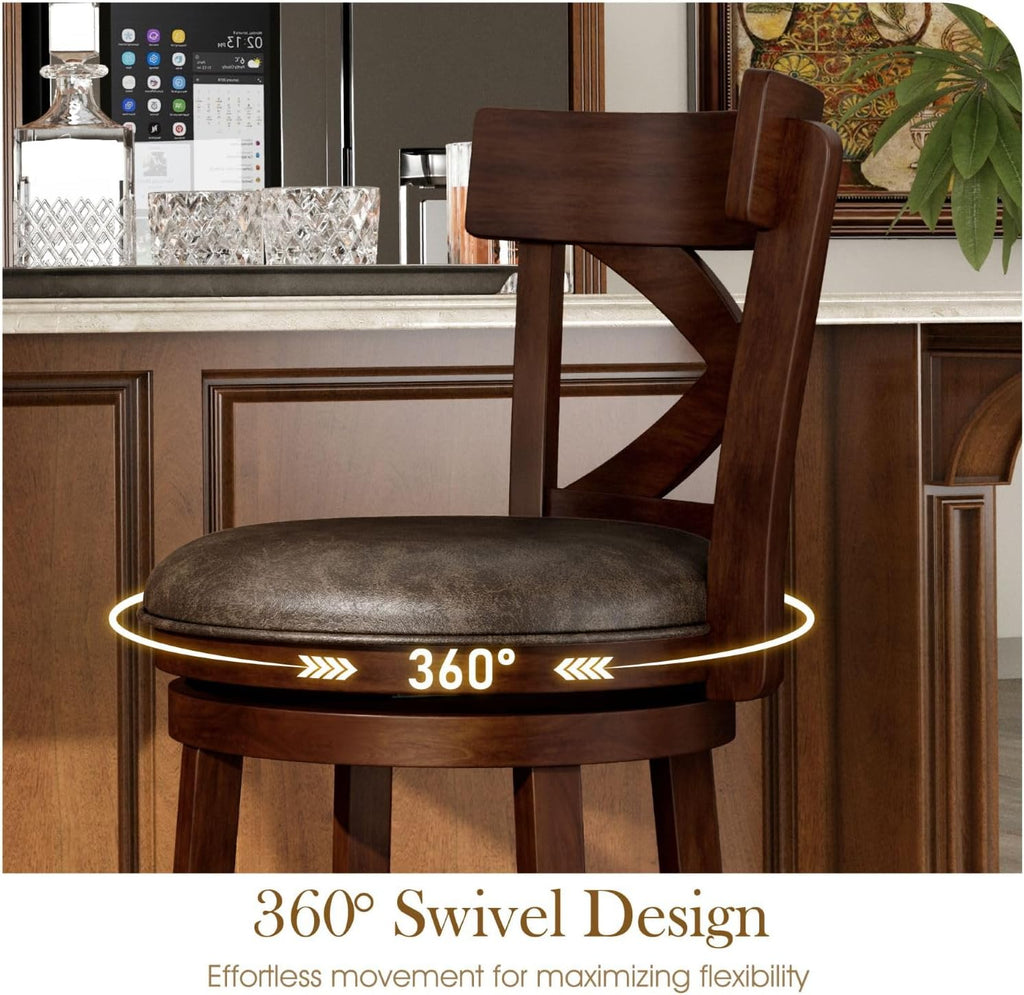 Sophia & William Swivel Bar Stools Set of 4, 30 Inch Bar Height Barstools with Cross Back & Walnut Wood Legs,Faux Leather Kitchen Stools, Brown