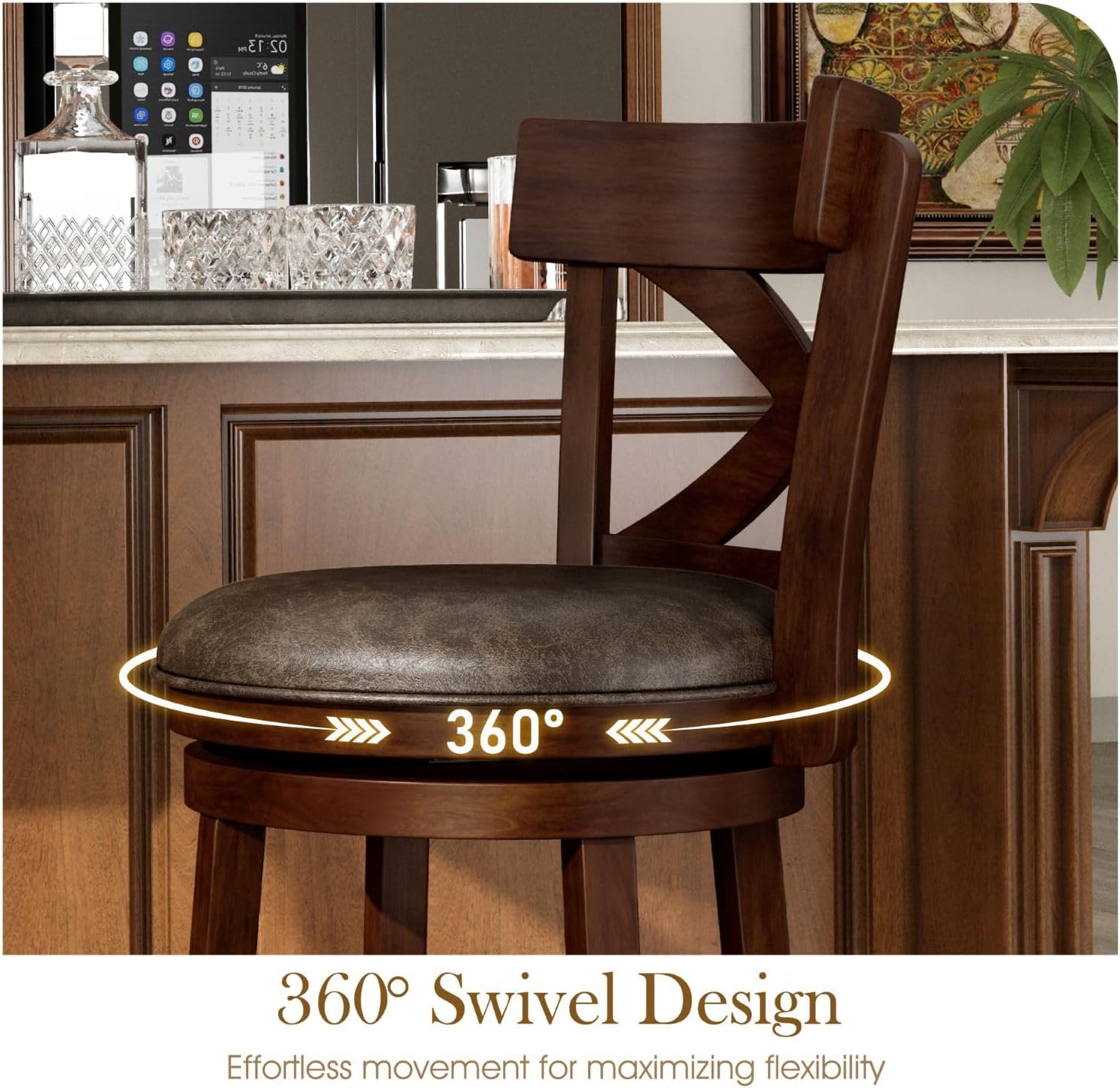 Sophia & William Swivel Bar Stools Set of 4, 30 Inch Bar Height Barstools with Cross Back & Walnut Wood Legs,Faux Leather Kitchen Stools, Brown