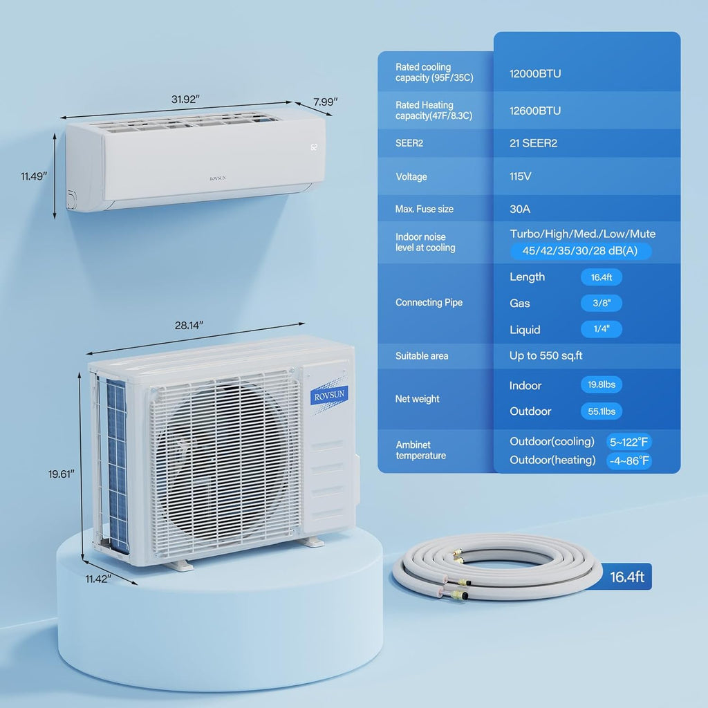 ROVSUN 12000 BTU Mini Split AC/Heating System with Inverter, 21 SEER2 Energy Saving 115V Ductless Split-System Air Conditioner with Pre-Charged Condenser, Heat Pump, Remote Control & Installation Kit