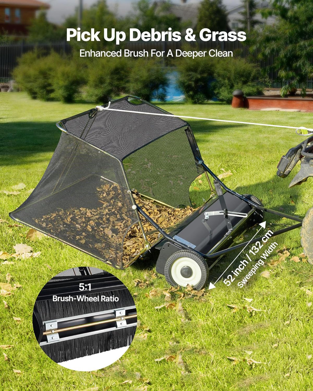 VEVOR 52 in Tow Behind Lawn Sweeper  26 cu.ft. Large Yard Sweeper  Adjustable Sweeping Height  Heavy Duty Leaf & Grass Collector with Dumping Rope  Pull Behind Sweepers for Debris Grass Clippings