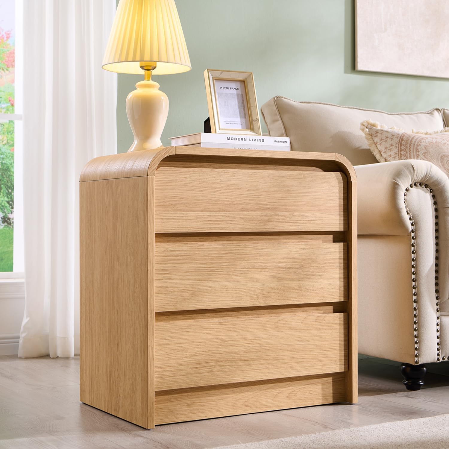 25" Tall Modern Nightstand Set of 2, 23.6" Wide Wood Bedside Table with Charging Station, 3 Storage Drawers Side Table w/Curved Profile Design,End Table for Bedroom, Natural Oak