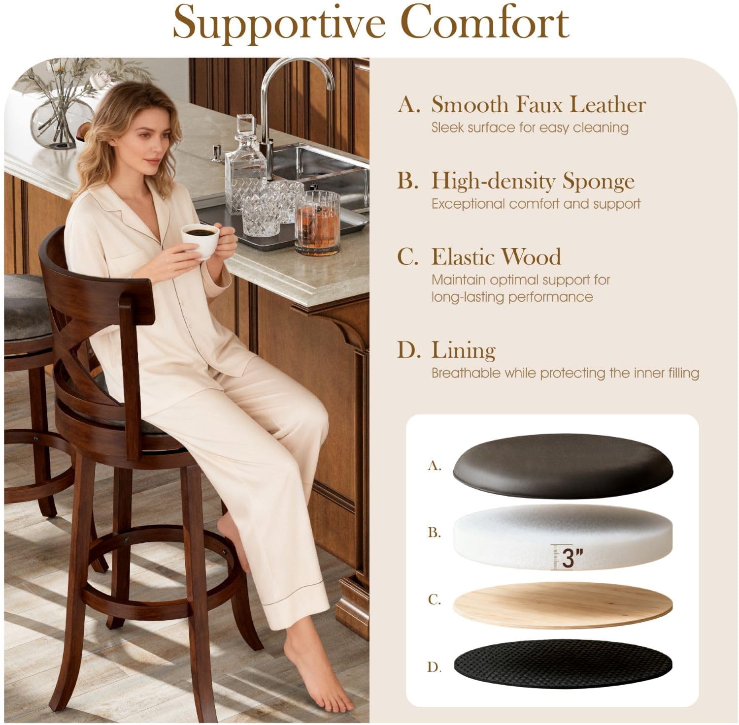Sophia & William Swivel Bar Stools Set of 2, 360-Degree Swivel Stools with Cross Back, 30 Inch Walnut Kitchen Counter Bar Stools, Brown