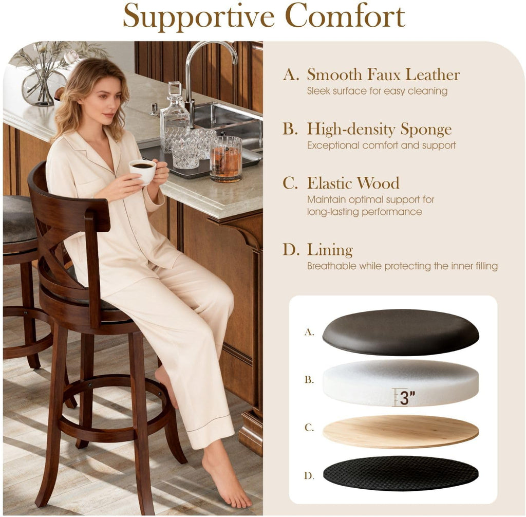 Sophia & William Swivel Bar Stools Set of 4, 30 Inch Bar Height Barstools with Cross Back & Walnut Wood Legs,Faux Leather Kitchen Stools, Brown