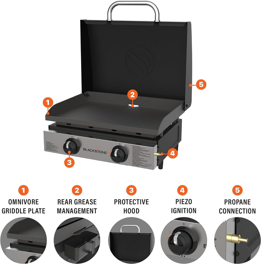 Blackstone 1813 Original 22” Tabletop Griddle with Hood and Stainless Steel Front Plate  Powder Coated Steel  Black