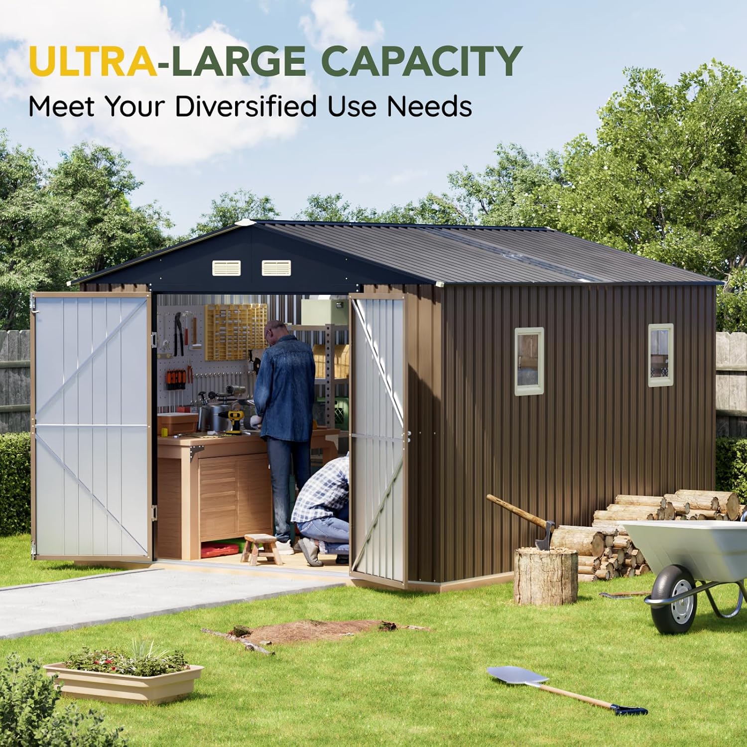 Breezz Outdoor Storage Shed 10 x 12ft. Utility Tool Shed Metal Storage Garden Shed with Lockable Doors  Windows & Metal Frame Floor for Patio Storage Brown