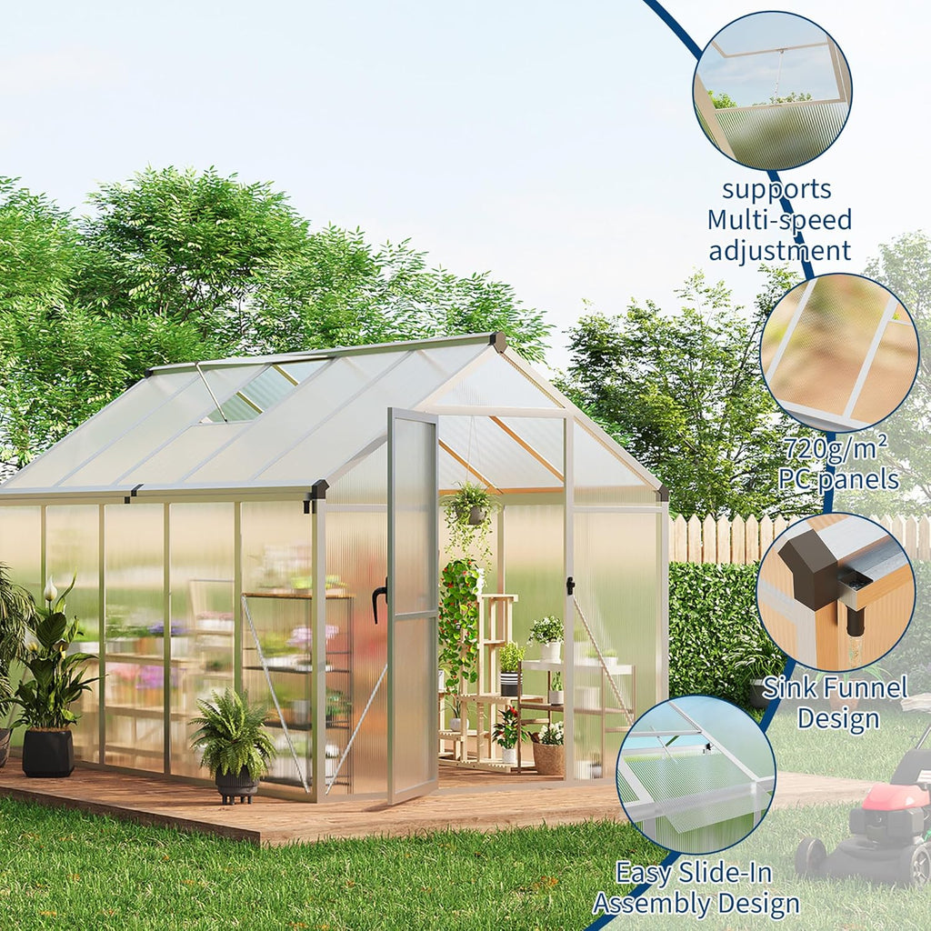 6 x 10 ft Greenhouse  Greenhouses for Outside  Polycarbonate Greenhouse with Aluminum Frame  Lockable Door and Ajustable Roof Vent for Backyard  Green Houses for Outside Garden Backyard  Patio