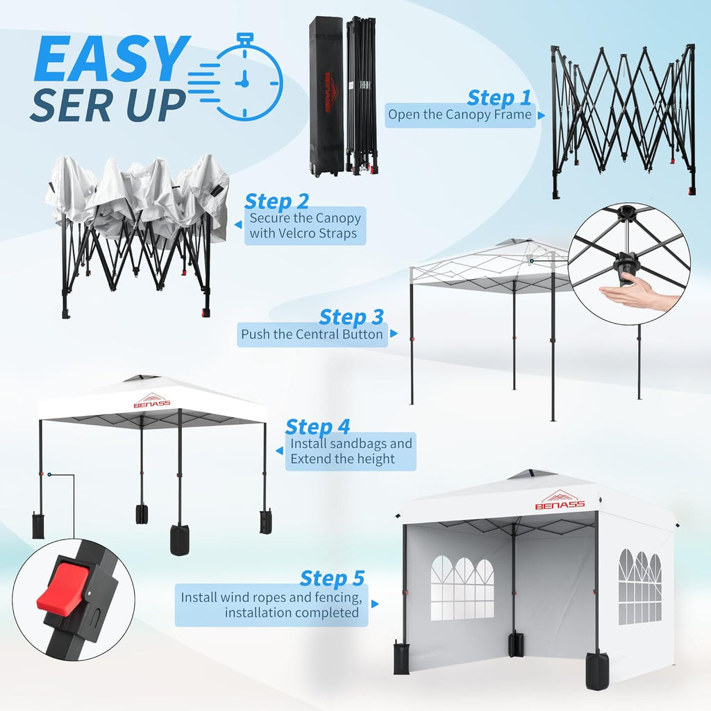 10x10 Pop Up Canopy with Sidewalls  Easy Up Canopy Tent  Heavy Duty Tents for Parties  One Person Set Up Event Tent  White