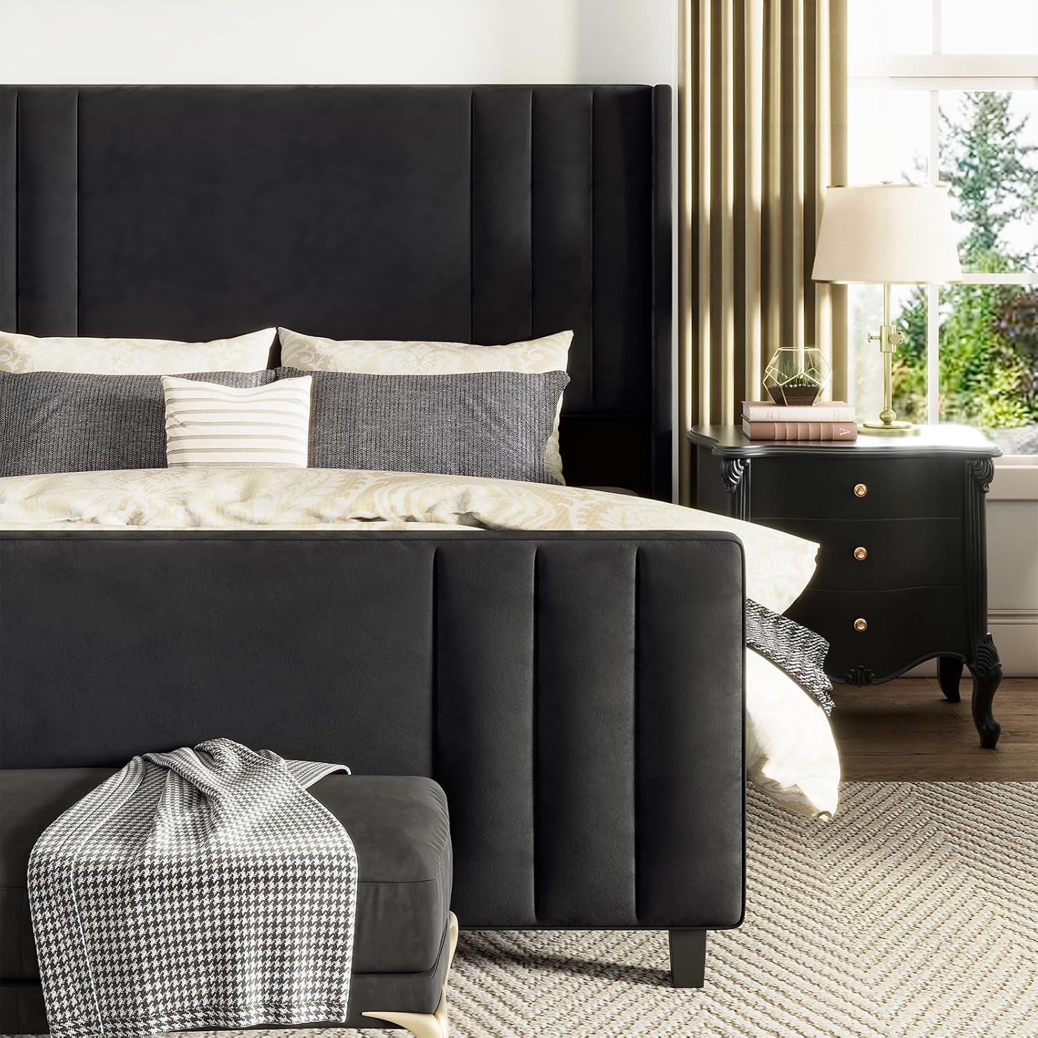 AMERLIFE King Size Bed Frame, Velvet Upholstered Platform Bed with Vertical Channel Tufted Headboard & Footboard/Wingback, Mattress Foundation with Wood Slats, No Box Spring Needed, Black