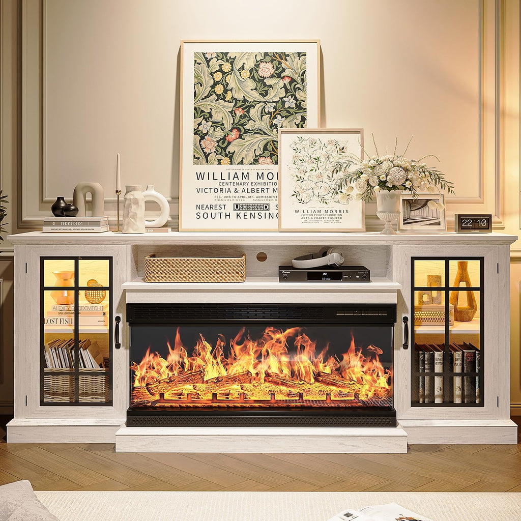 MXV 70'' Fireplace TV Stand, Farmhouse Entertainment Center with 3 Sided Glass TV Stand, Modern Media Console Table with Storage Drawers & Cabinets with LED Flame and Lights for Living Room, White