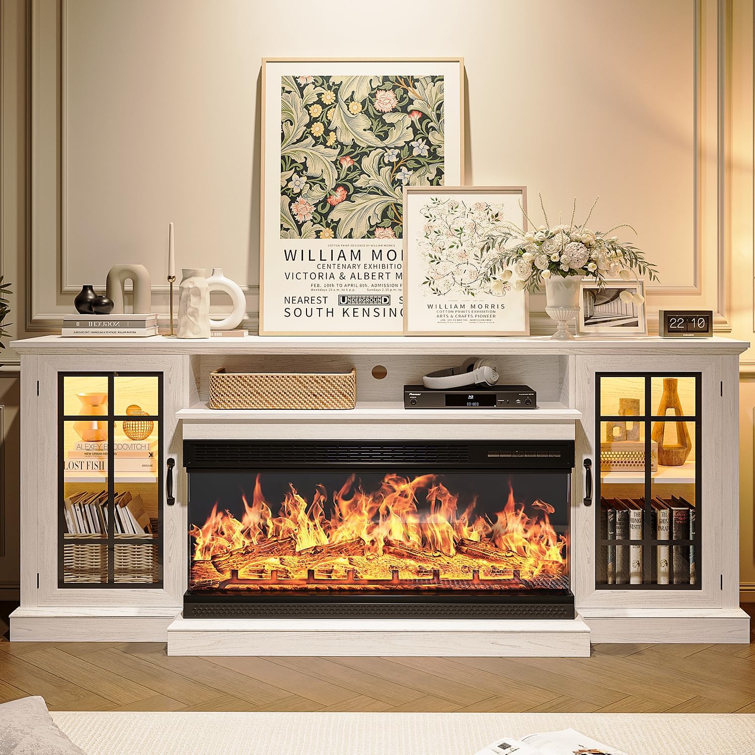 MXV 70'' Fireplace TV Stand, Farmhouse Entertainment Center with 3 Sided Glass TV Stand, Modern Media Console Table with Storage Drawers & Cabinets with LED Flame and Lights for Living Room, White