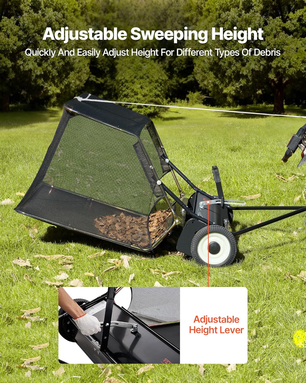 VEVOR 52 in Tow Behind Lawn Sweeper  26 cu.ft. Large Yard Sweeper  Adjustable Sweeping Height  Heavy Duty Leaf & Grass Collector with Dumping Rope  Pull Behind Sweepers for Debris Grass Clippings