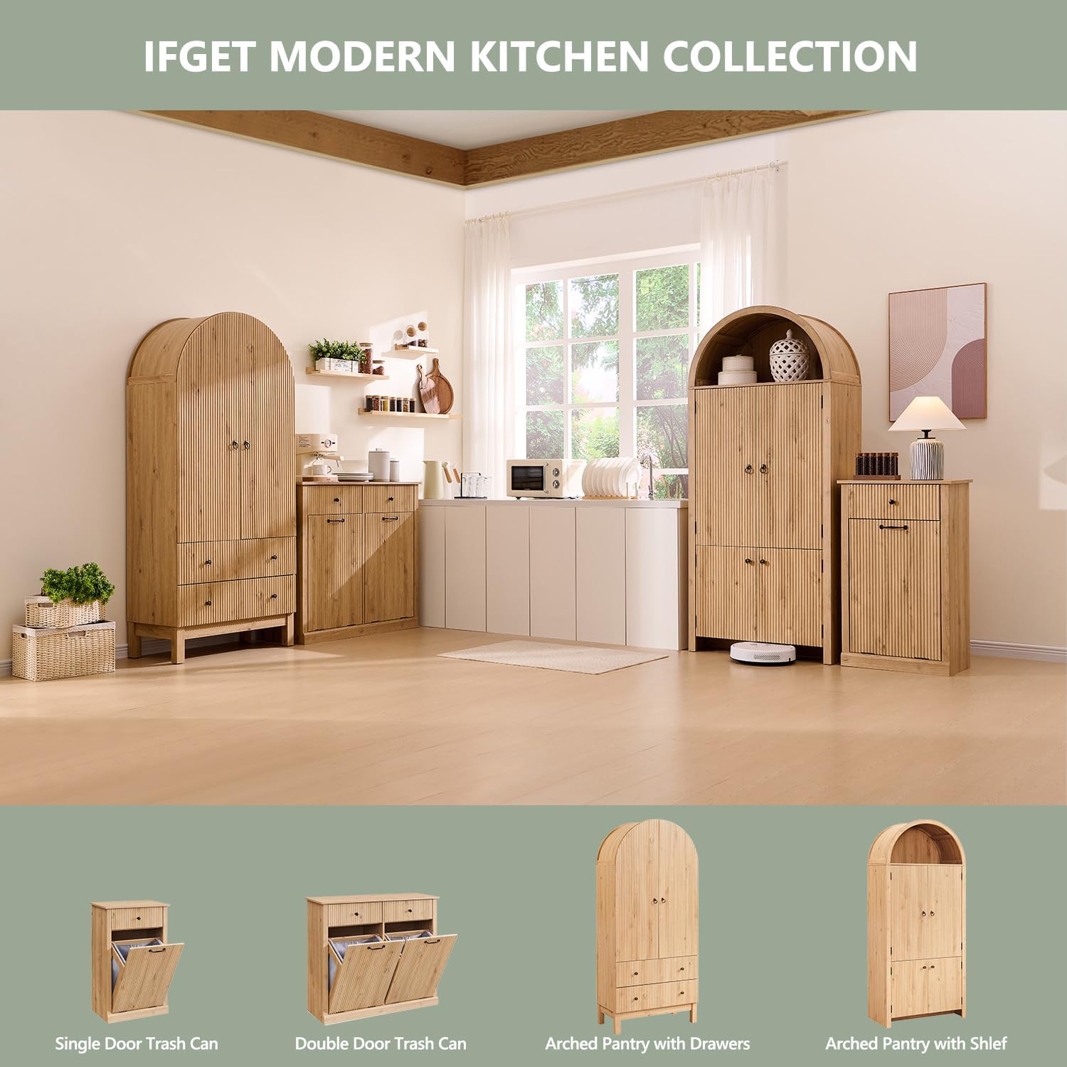 71" Tall Arched Kitchen Pantry, Modern Fluted Wood Storage Cabinet with Doors, 3 Adjustable Shelves, 6 Door Shelves, Organizer, Versatile Cupboard for Kitchen, Bathroom, Natural