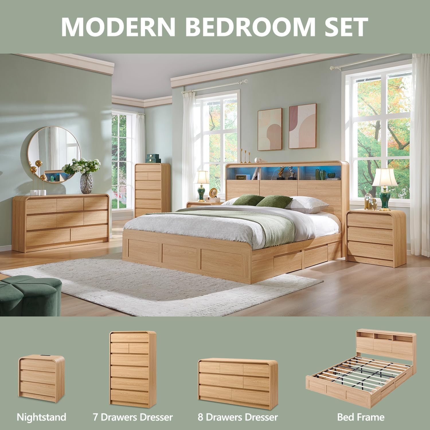 Modern 8 Drawers Dresser for Bedroom, 55" Wide Dressers & Chest of Drawers w/Curved Profile Design, Wood Mid Century Storage Dressers Organizer for Bedroom, Living Room, Natural Oak
