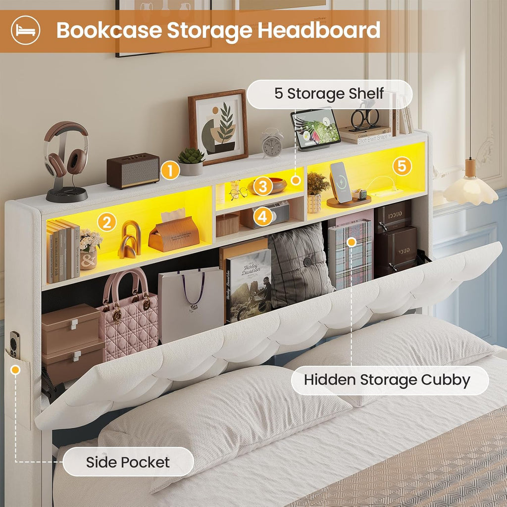 Queen Bed Frame with Bookcase Headboard,LED Bed Frame with 4 Storage Drawers,Power Outlet, Modern Velvet Upholstered Platform Bed with 5 Shelf, No Box Spring Needed, Creamy White