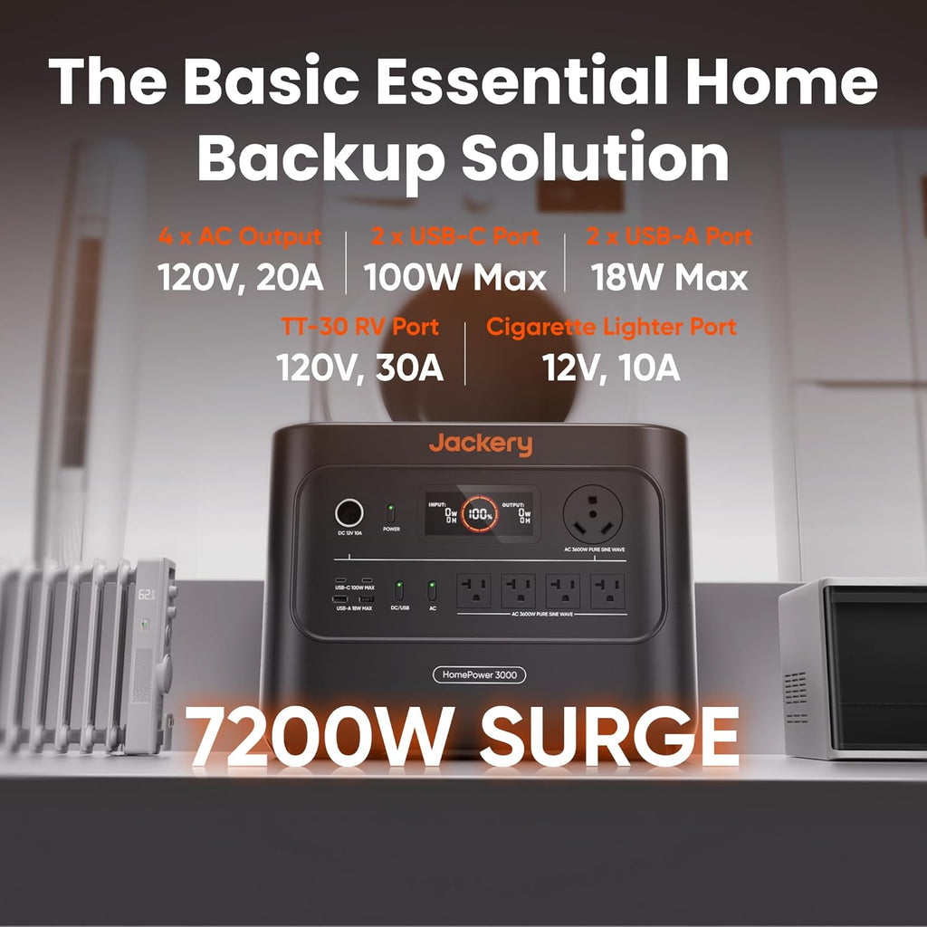 Jackery HomePower 3000 Portable Station with 2X 200W Panels  3600W (7200W Surge)  3072Wh LFP Battery  USB-A/C  Home Backup  RV & Emergencies  Grey