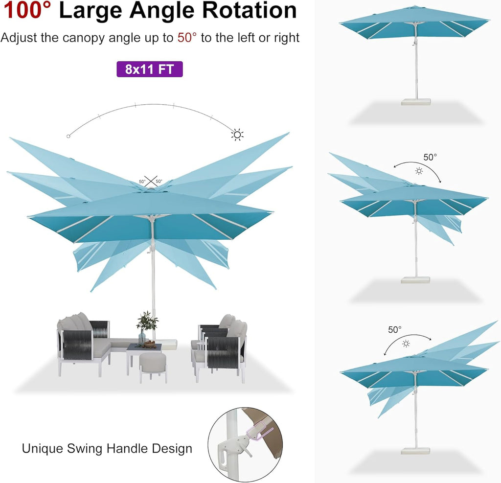 PURPLE LEAF 8' X 11.5' Right-left Tilt Patio Umbrella Swivel White Cantilever Umbrella with Tilt Aluminum Outdoor Umbrella with 360° Rotation for Deck Pool Garden, Turquoise