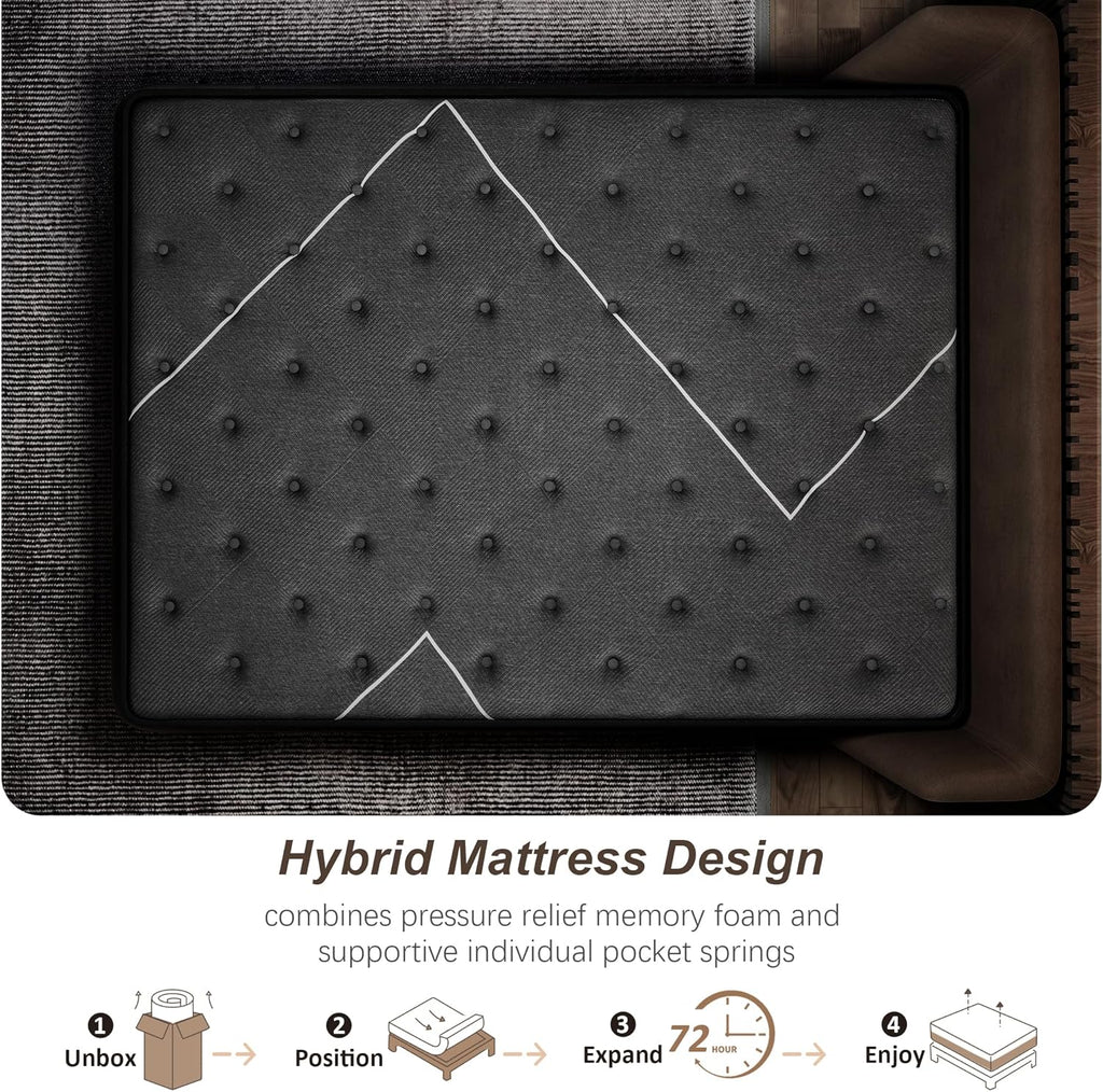 Extra Firm King Mattress, 14 Inch King Size Mattress,Luxurious Memroy Foam Hybrid Extra Lumbar Support, Back Pain Relief&Cool Sleep, Firm Foam Encased Edge,Motion Isolation,Fiberglass-Free