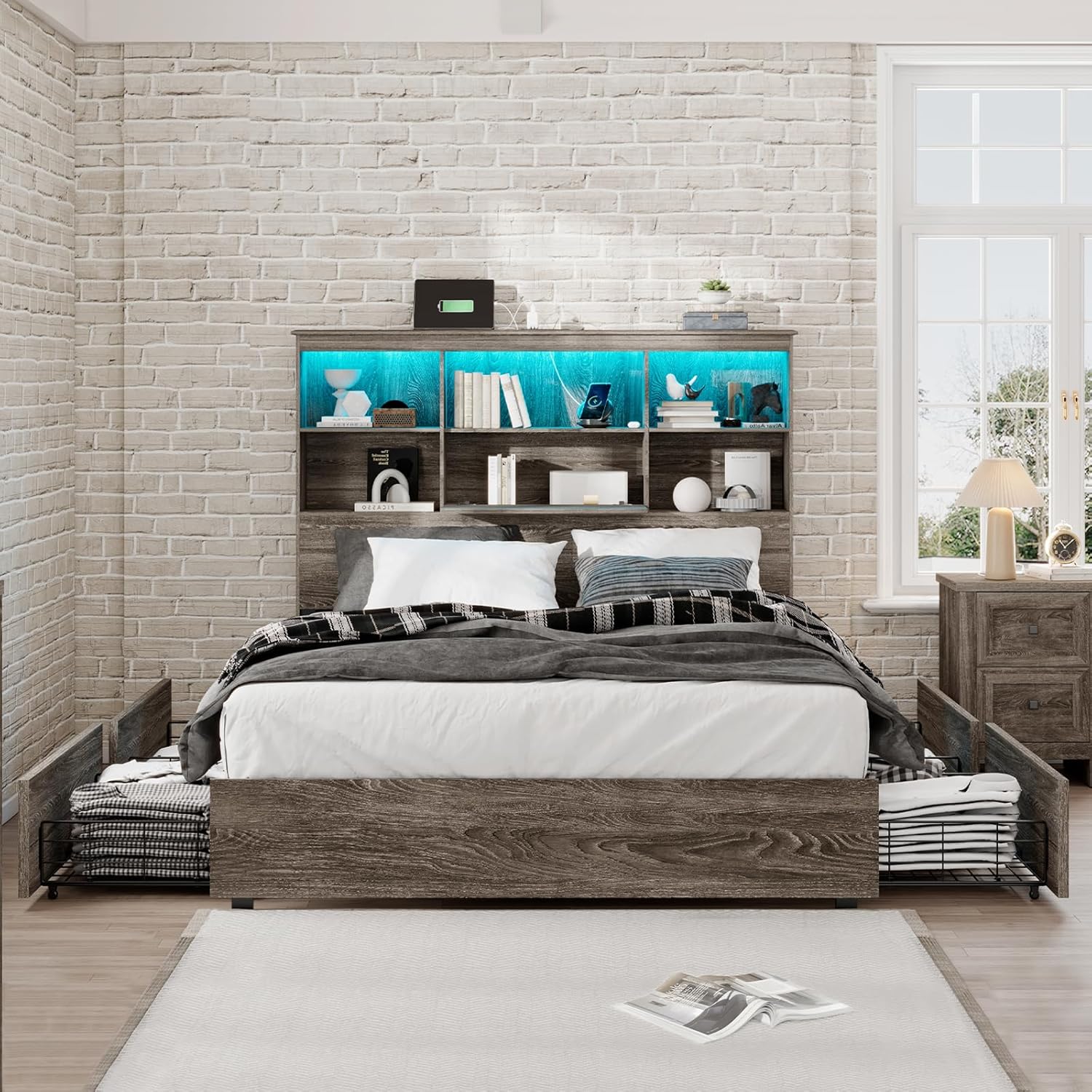 King Size Bed Frame with LED Bookcase Headboard, Wooden Storage Bed with Charging Station & 4 Drawers, No Box Spring Needed/Noise-Free/Rustic Grey