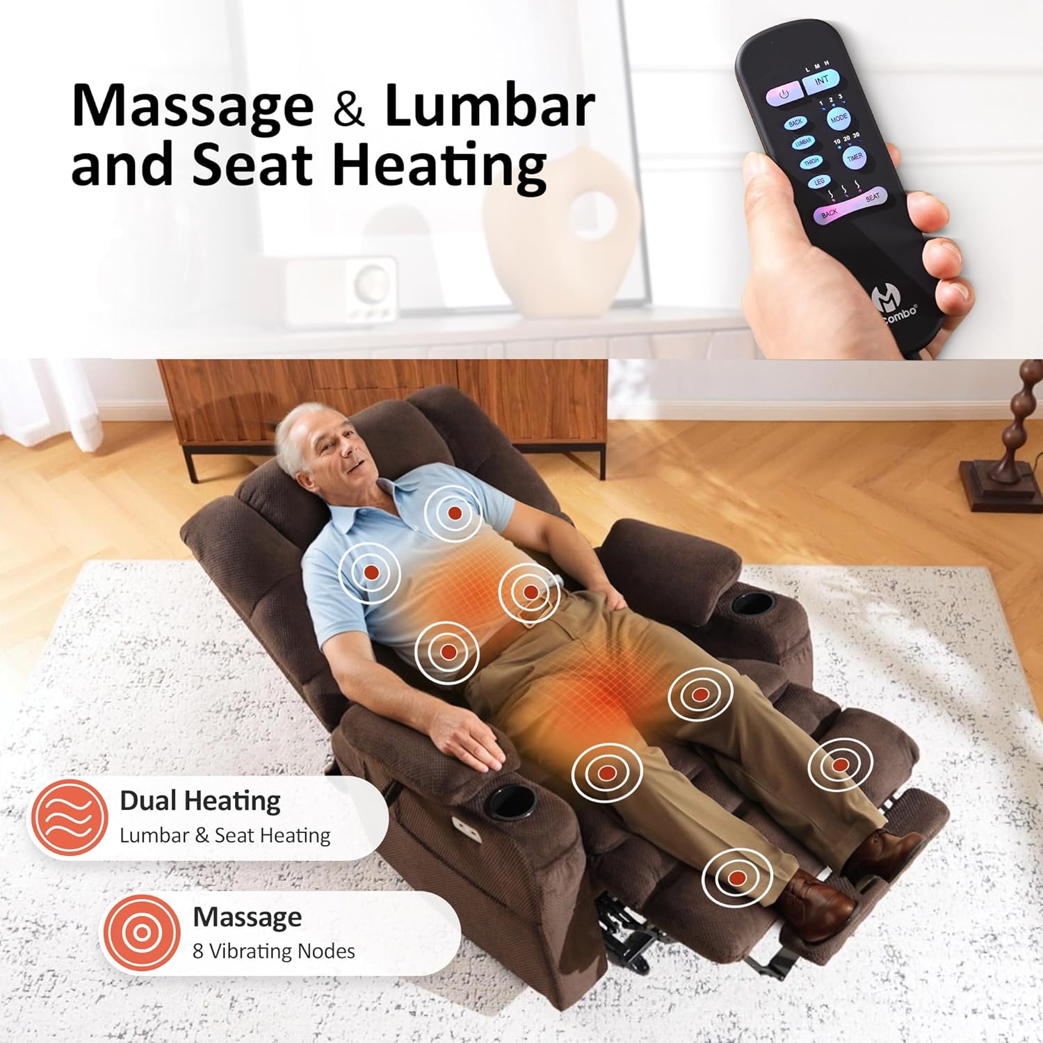 MCombo Large Triple Motor Power Lift Recliner Chair with Massage and Dual Heating, Adjustable Headrest for Tall Elderly People, Fabric 7634 (Coffee, Large)