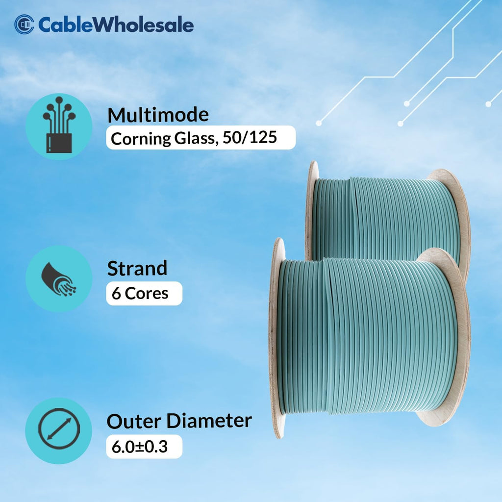 CableWholesale 500ft Aqua Armored 6 Strand Fiber Optic Cable  Multimode OM3 50/125 Micron  Corning ClearCurve  Plenum Rated  High-Speed 10Gbit  Indoor Safe - Networking Spool