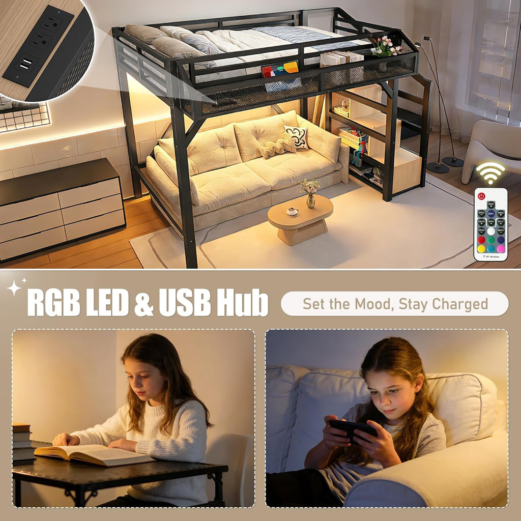 Bellemave Queen Loft Bed Frame with Storage Stairs, Beside Shelf & Wardrobe, Metal Queen Size Loft Bed with USB Ports&LED Light, Large Under-Bed Space Loft Beds for Adults,Teens, Kids, Black Natural
