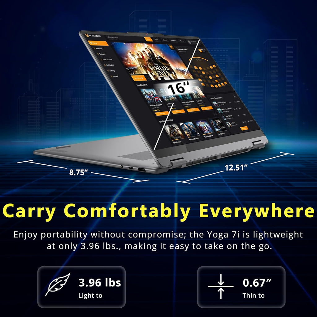 Lenovo Yoga 7i 2-in-1 16" 2K Touchscreen Laptop  Intel Core Ultra 7 256V  16GB LPDDR5X  3TB(2TB SSD&1TB Docking Station)  Intel Arc Graphics  Numeric Keypad  Copilot+ PC  Wi-Fi 7  Win 11 Pro  Gray