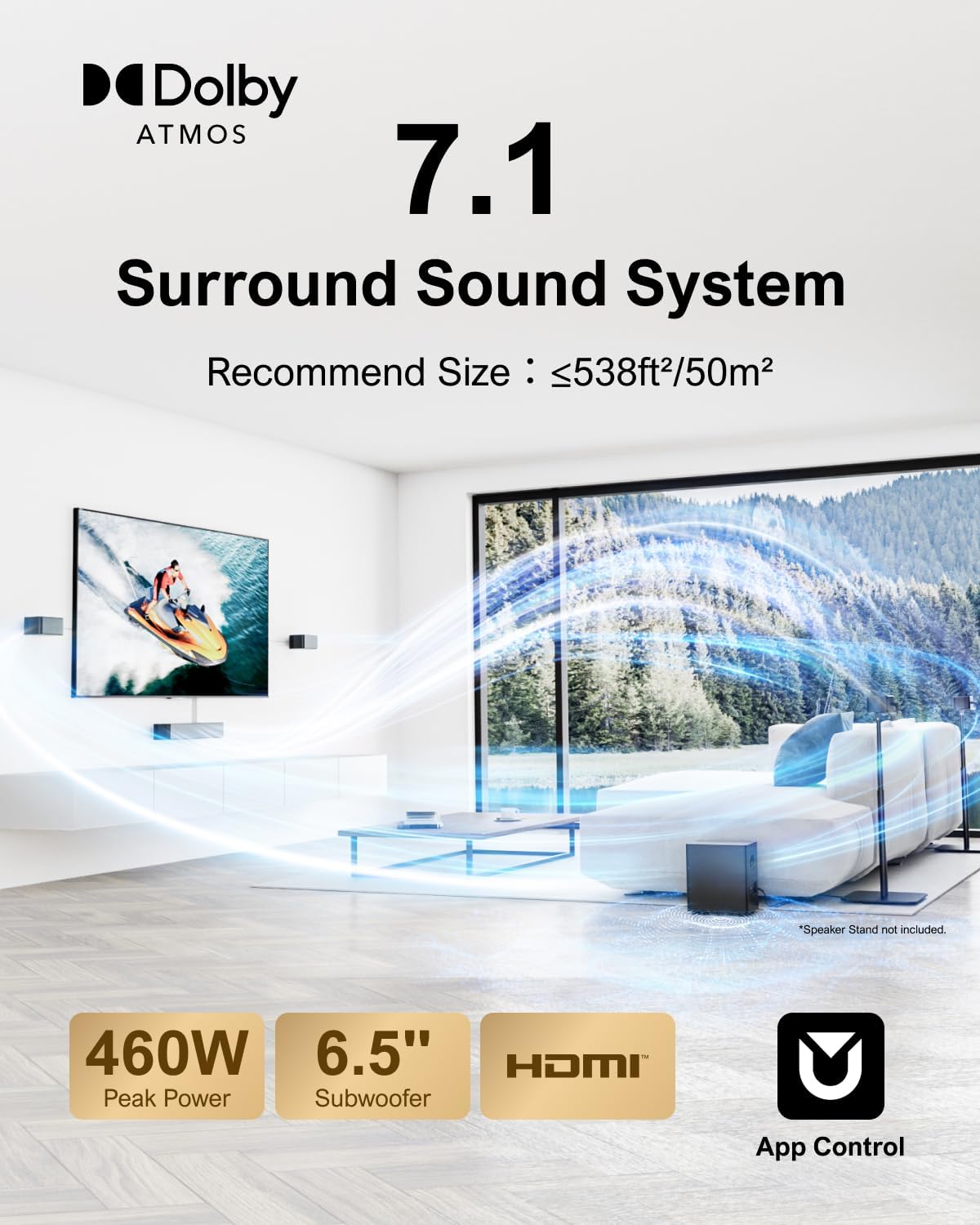 ULTIMEA 7.1Ch Soundbar with Dolby Atmos  APP Control  Surround Sound System for TV  4 Wired Surround Speakers  Sound Bar for TV with 6.5" Wireless Subwoofer  Soundbar for TV  Poseidon D80 Upgraded