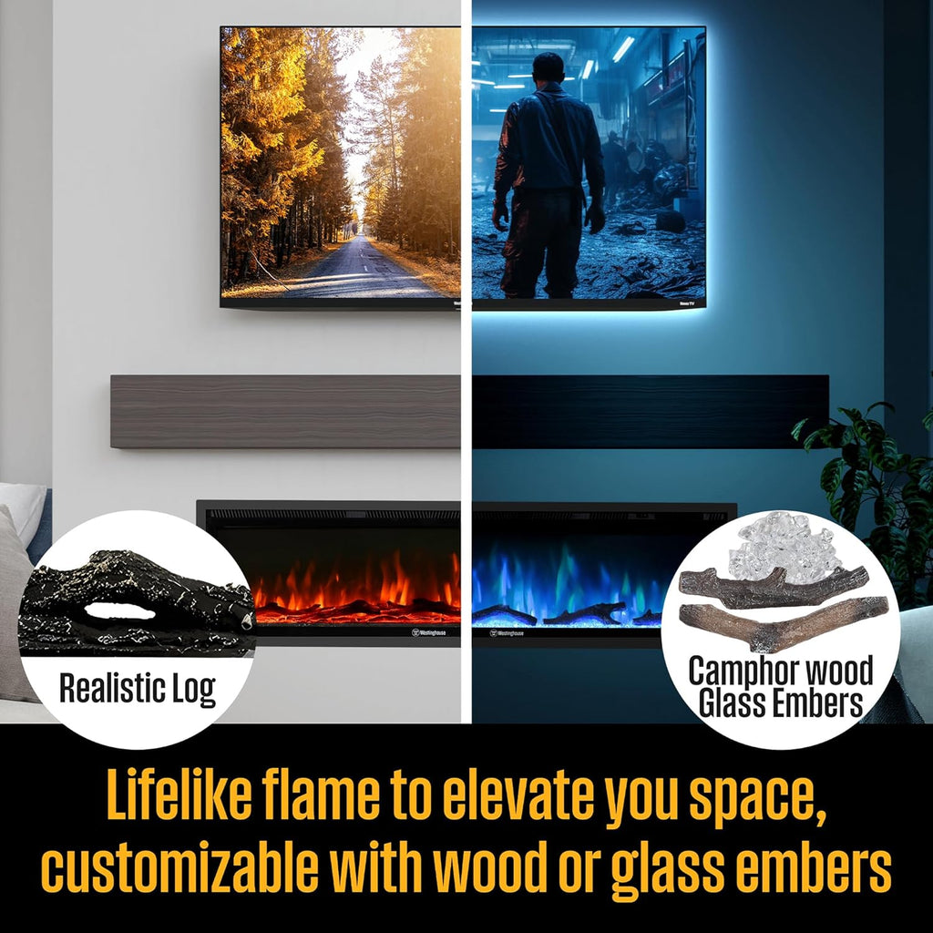 Westinghouse 74 Inch Electric Fireplace Heater, Compatible with Alexa & Google Home, Wall Mount or in-Wall Recessed Fireplace Insert, 24 Hour Timer, Color Changing Flames, 750W/1500W Indoor Heater